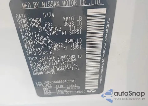 2025 Infiniti Qx80 Sensory Awd из США, поврежденный, VIN JN8AZ3DB6S9403281